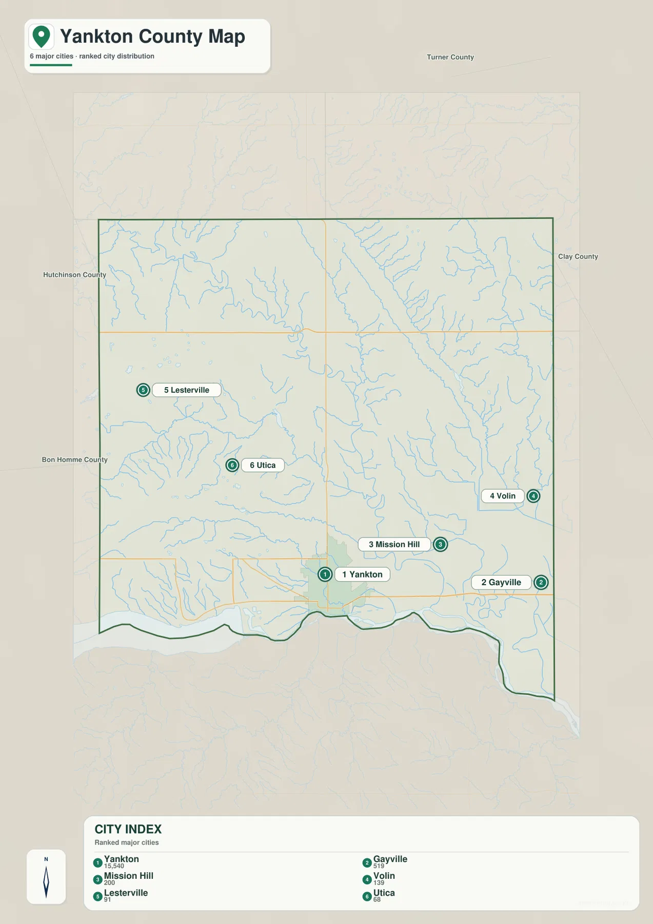 Yankton County city map showing Yankton, Gayville, Mission Hill, Volin, Lesterville, and Utica