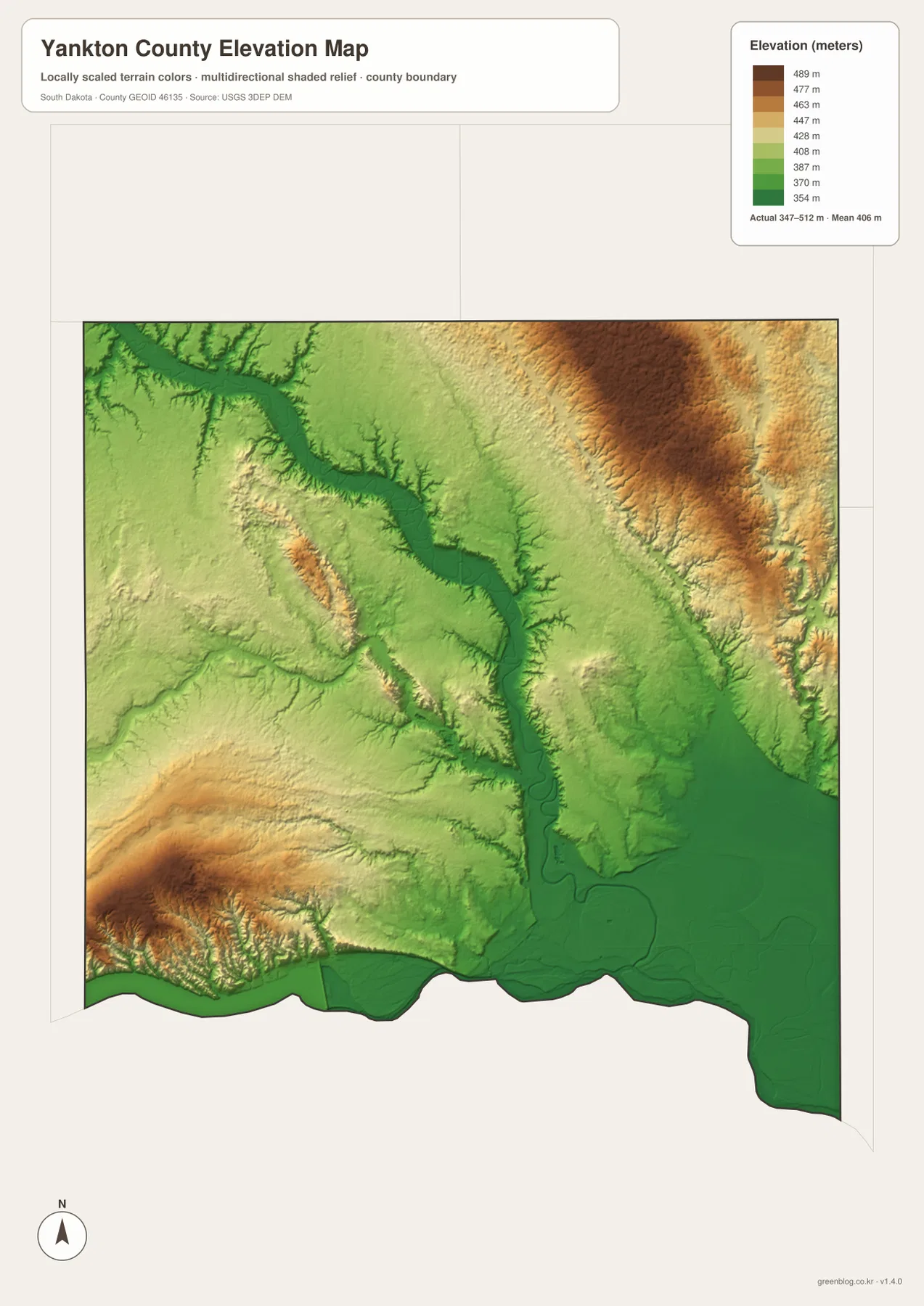 Yankton County elevation map showing lower Missouri and James river areas and higher northeastern terrain