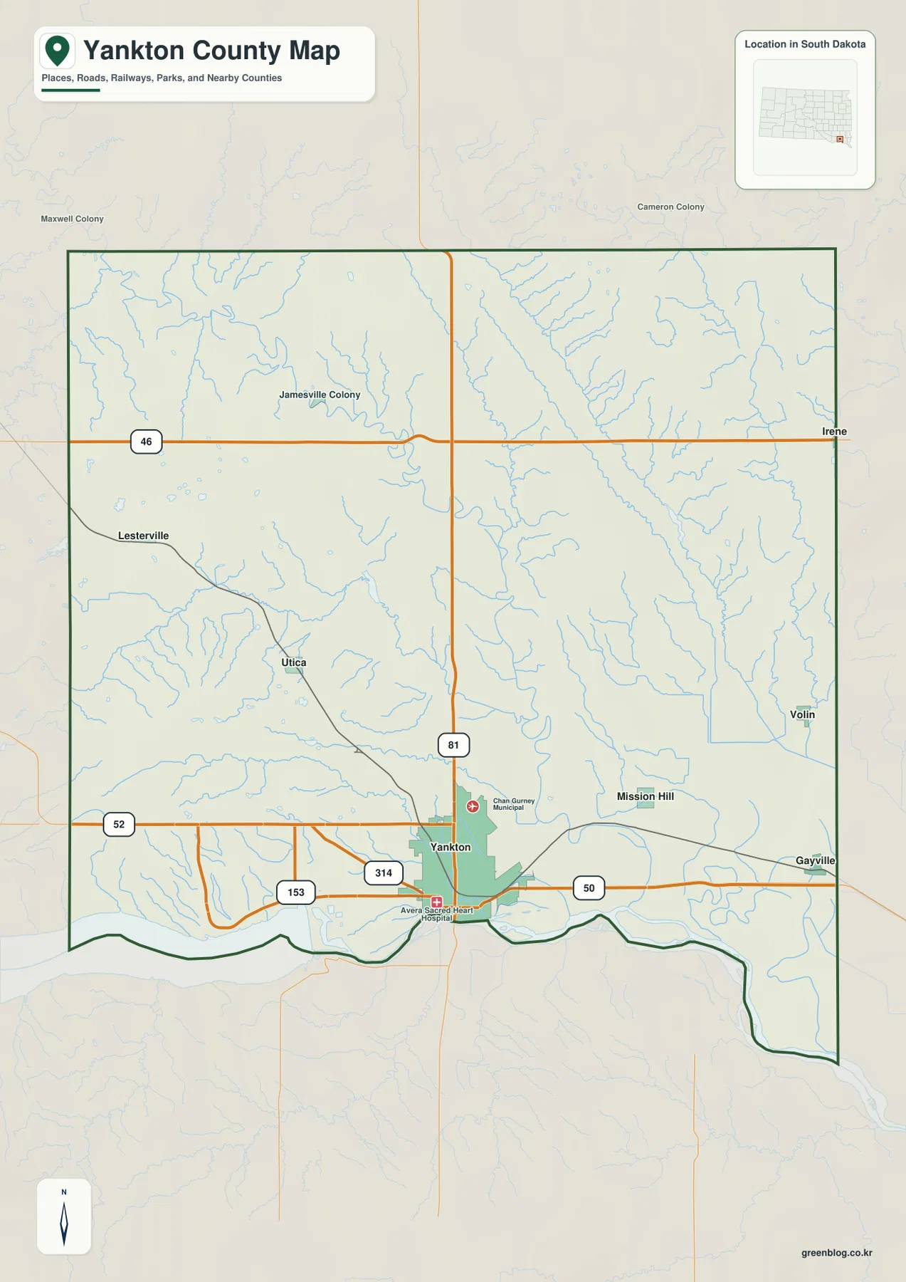 Yankton County map showing Yankton, major roads, nearby places, streams, and the county boundary