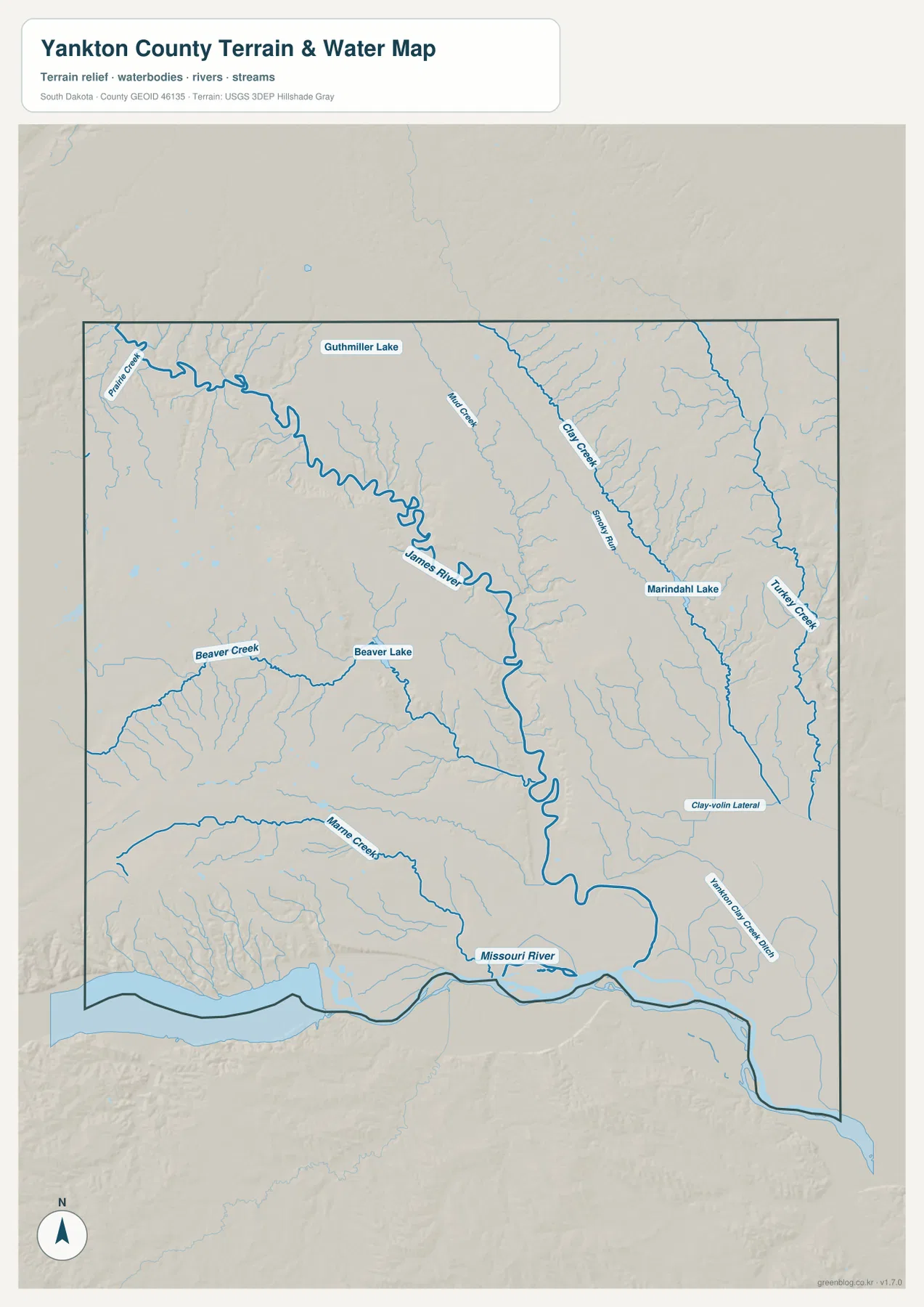 Yankton County water map showing the Missouri River, James River, named creeks, lakes, and terrain shading
