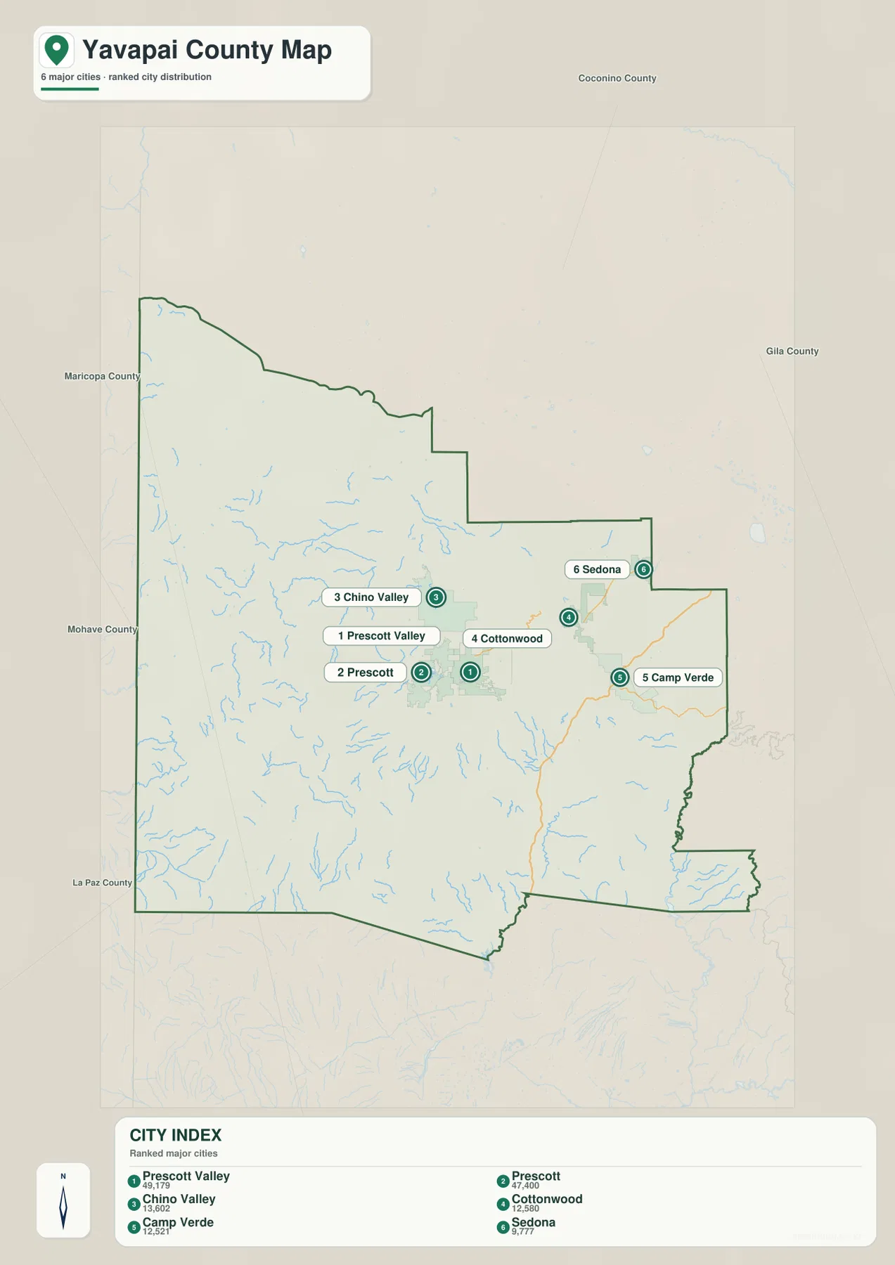 야바파이 카운티 도시 지도 - Prescott Valley, Prescott, Chino Valley, Cottonwood, Camp Verde, Sedona