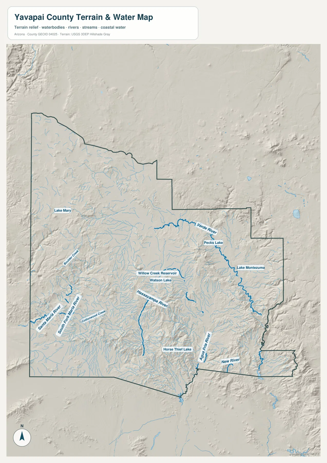 야바파이 카운티 수역 지도 - Verde River, Hassayampa River, Agua Fria River, Watson Lake와 저수지