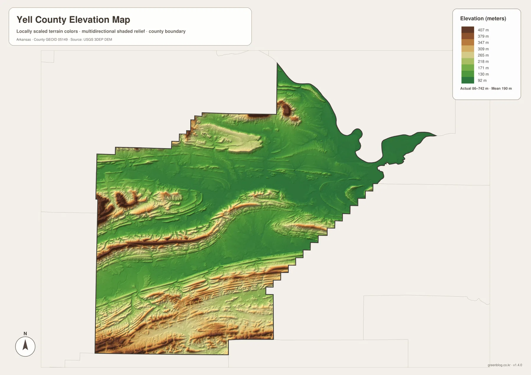 Yell County Arkansas elevation map showing high southern and southwestern Ouachita ridges and low Petit Jean and Arkansas River valleys