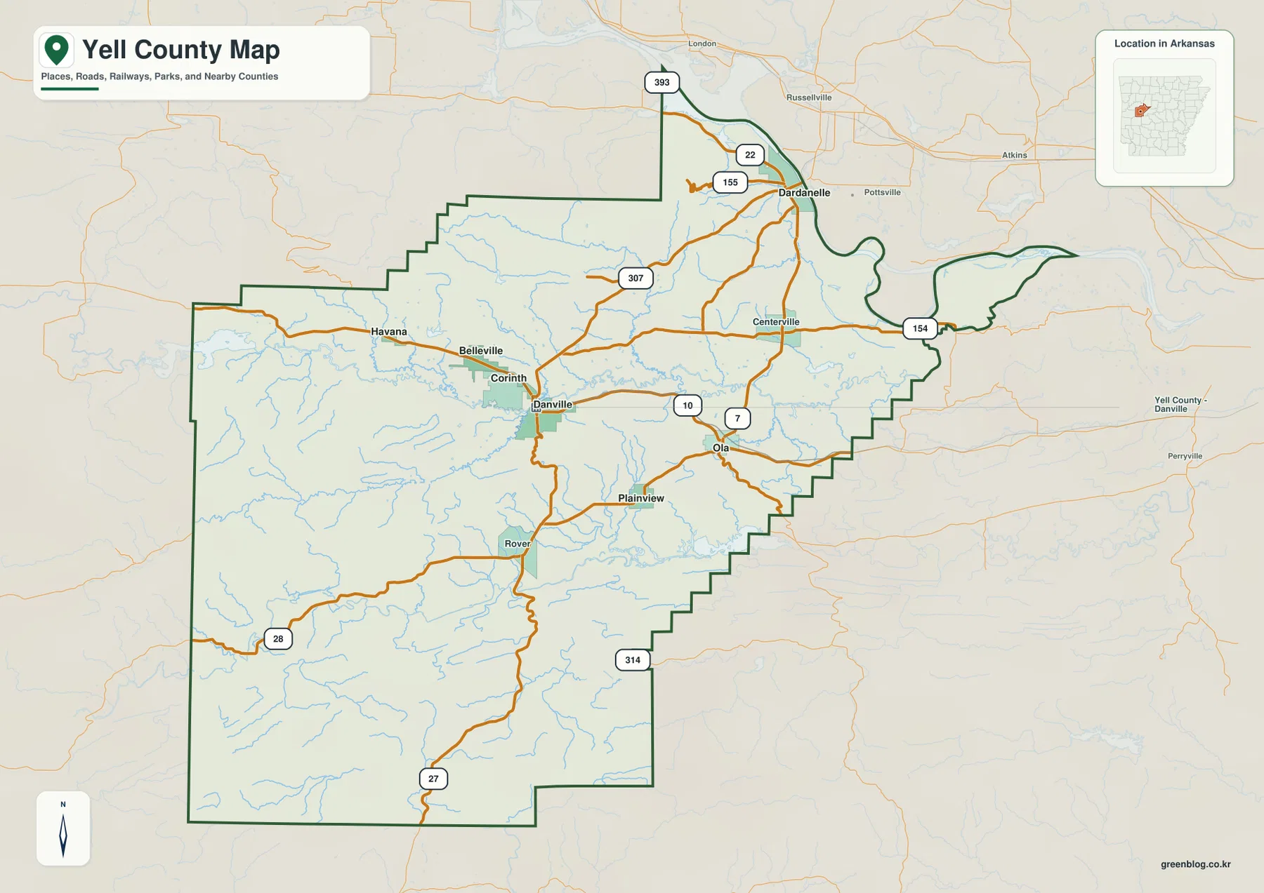 Yell County Arkansas reference map showing Dardanelle, Danville, Ola, Plainview, Belleville, Havana, roads, rivers, and the county boundary