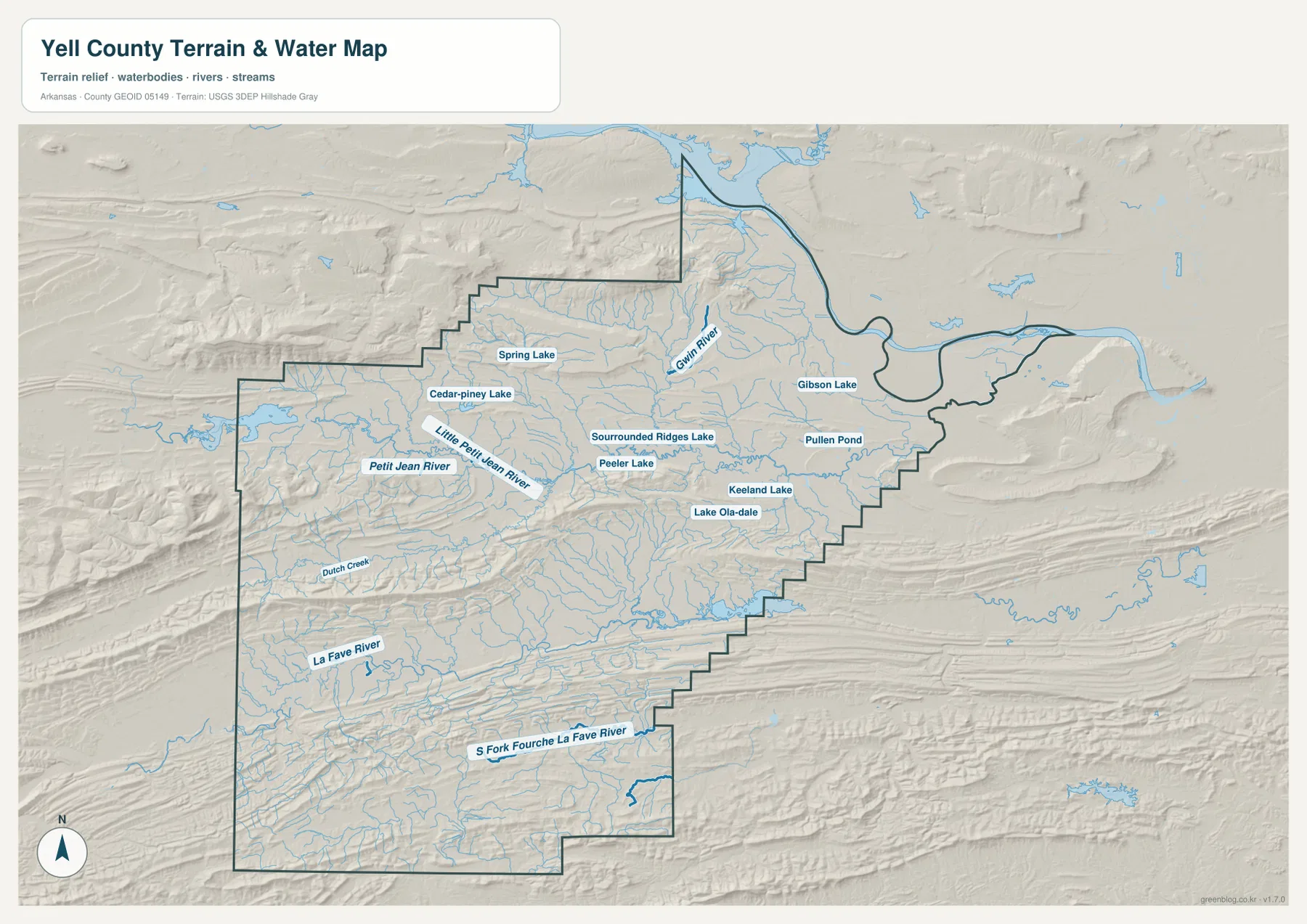 Yell County terrain and water map showing Petit Jean River, Little Petit Jean River, Fourche La Fave River system, lakes, and tributaries