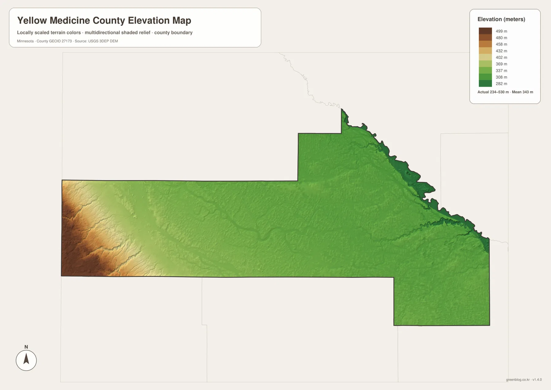 약 234~530m의 Yellow Medicine County 고도와 Canby 서부 고지, Minnesota River 동부 저지를 보여 주는 지도