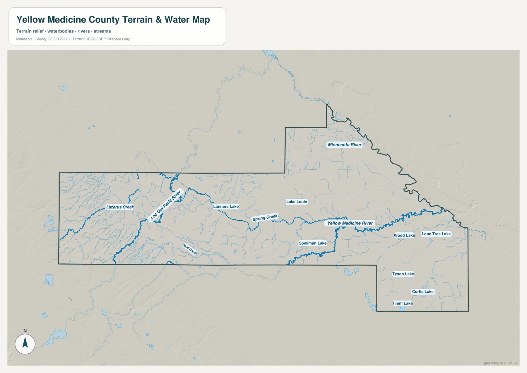 Yellow Medicine River, Minnesota River, Lac qui Parle River, Spring Creek과 주요 호수가 표시된 Yellow Medicine County 수역 지도