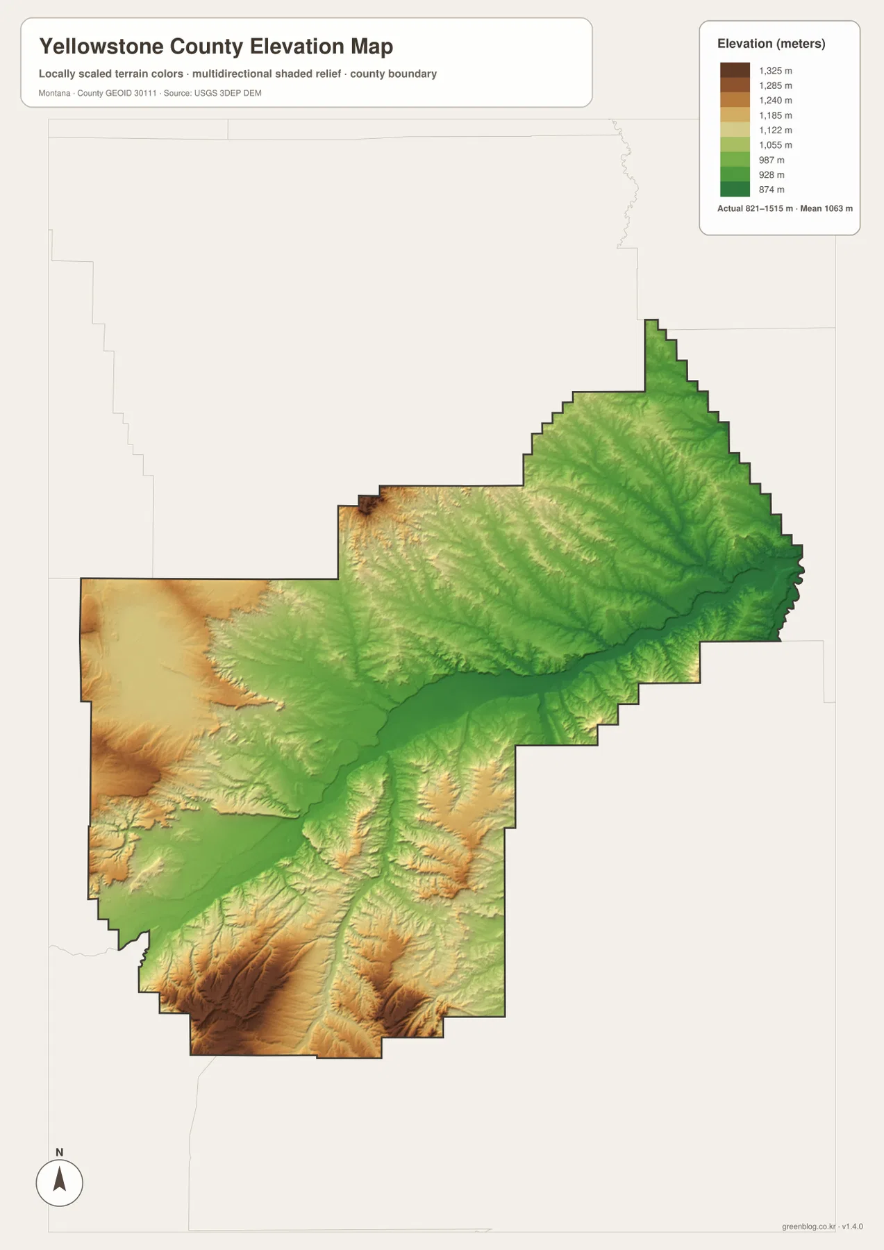 Yellowstone River 계곡과 남부·서부 고지의 높이 차이를 보여 주는 Yellowstone County 고도 지도