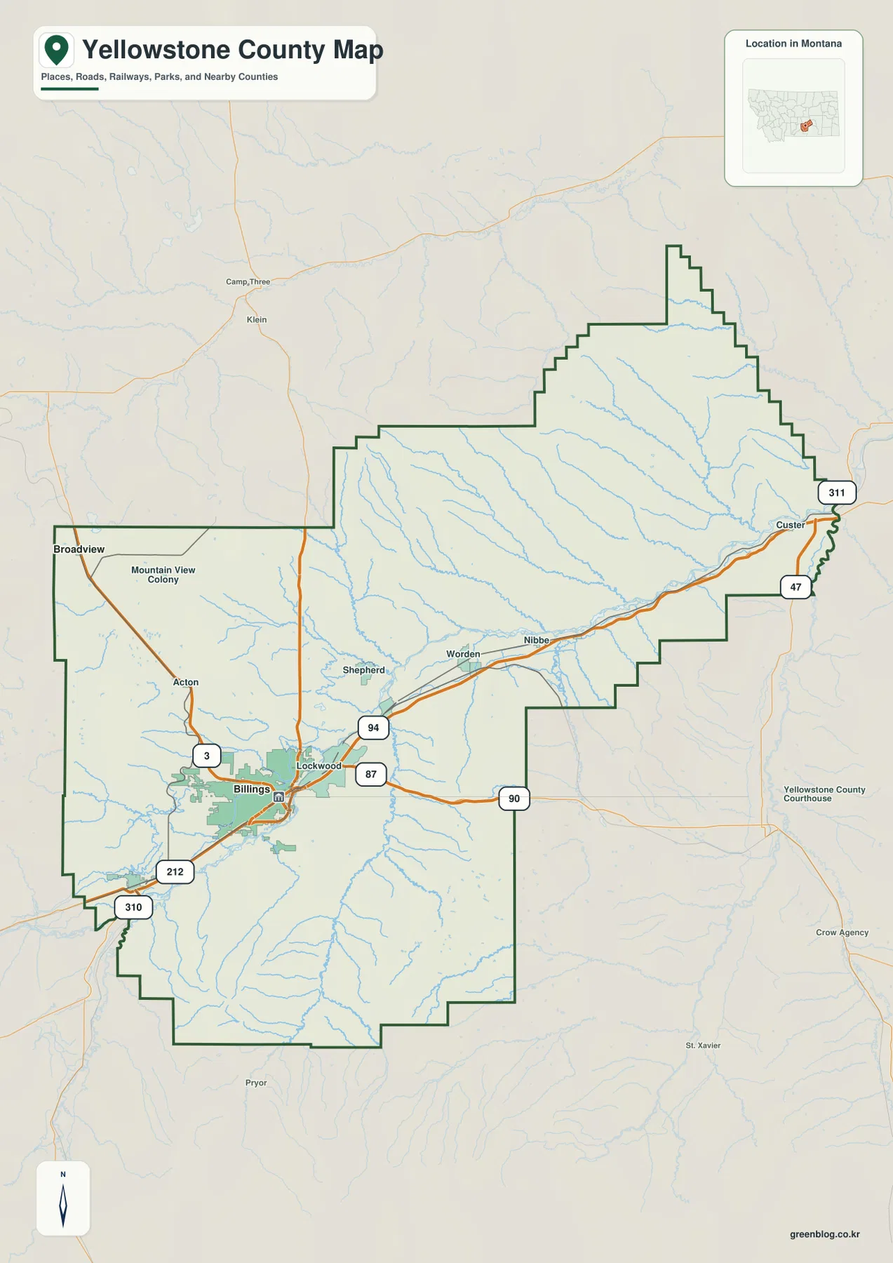 Billings, Laurel, Broadview, I-90과 I-94, 주요 도로를 보여 주는 Yellowstone County 지도