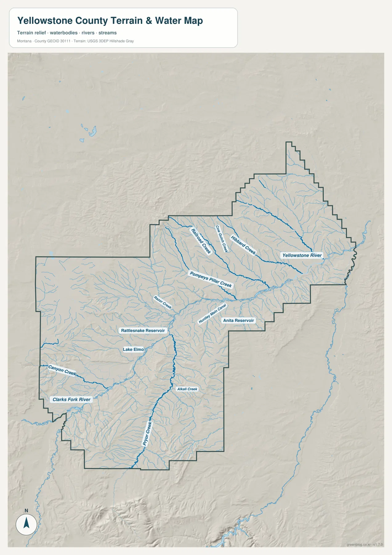 Yellowstone River, Clarks Fork River, Pryor Creek, Canyon Creek과 저수지를 보여 주는 Yellowstone County 수역 지도