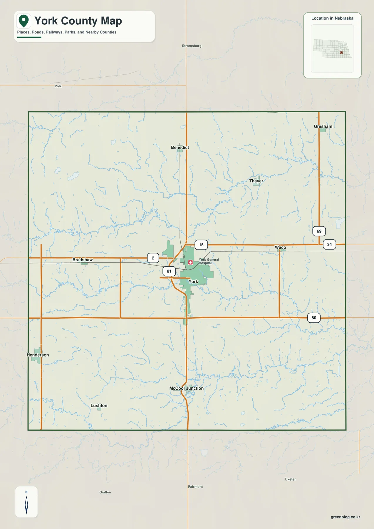 York, Henderson, McCool Junction, Bradshaw, Benedict, Gresham과 I-80, U.S. 81을 표시한 York County Nebraska 지도