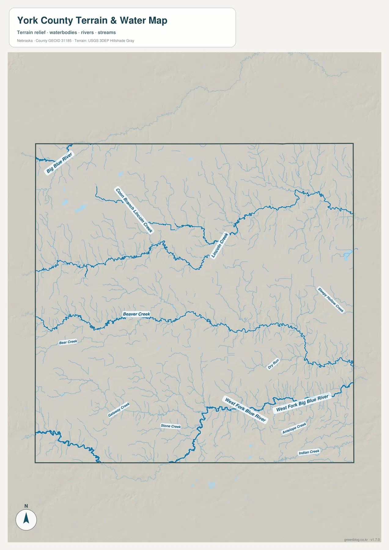 Beaver Creek, Lincoln Creek, West Fork Big Blue River, Big Blue River와 여러 지류를 표시한 York County 물길 지도