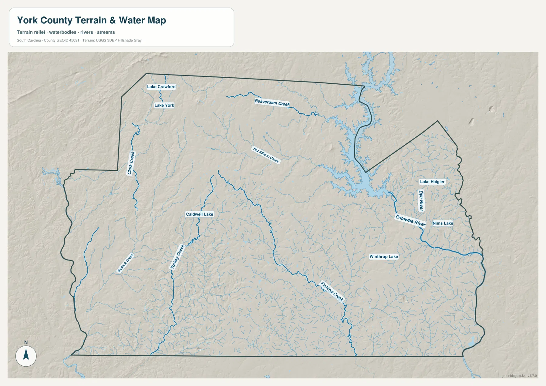 York County terrain and water map with Lake Wylie, Catawba River, Beaverdam Creek, Turkey Creek and smaller lakes