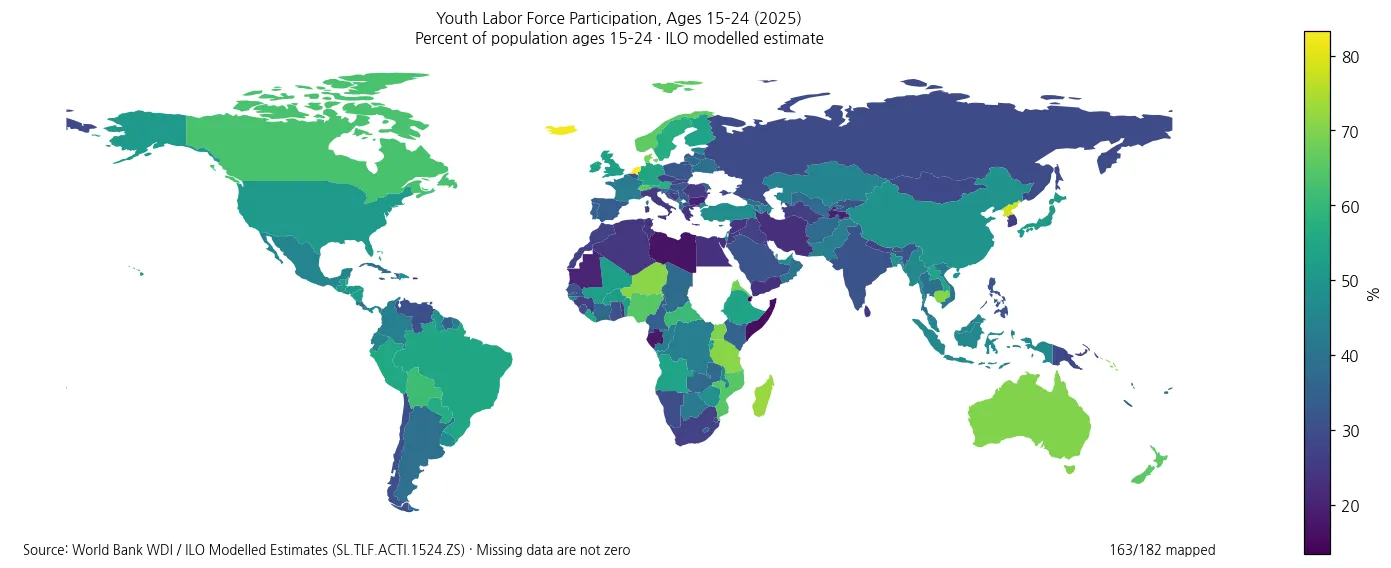 World map comparing labor force participation among people ages 15 to 24 in 2025