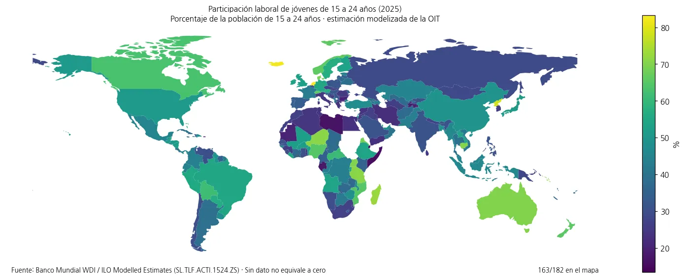 Mapa mundial de la tasa de participación laboral de jóvenes de 15 a 24 años en 2025