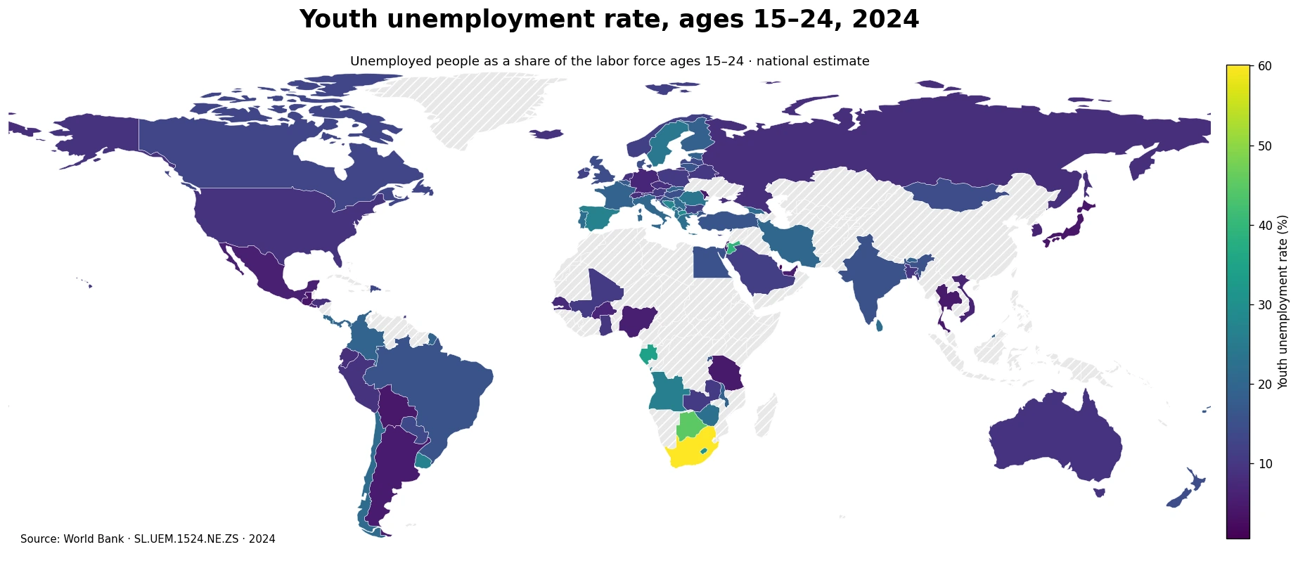 Youth unemployment rate among the labor force ages 15 to 24 by economy in 2024
