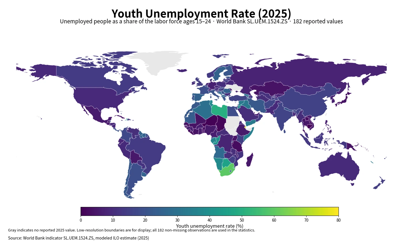 World map of youth unemployment rates by country in 2025