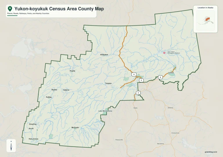 유콘-코유쿡 센서스 에어리어(Yukon-Koyukuk Census Area) 지도 – 강 유역과 동부 도로망