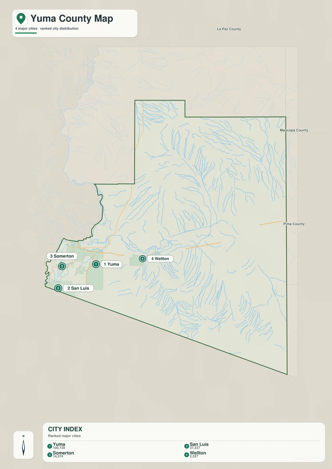 Yuma County city map highlighting Yuma, San Luis, Somerton, and Wellton