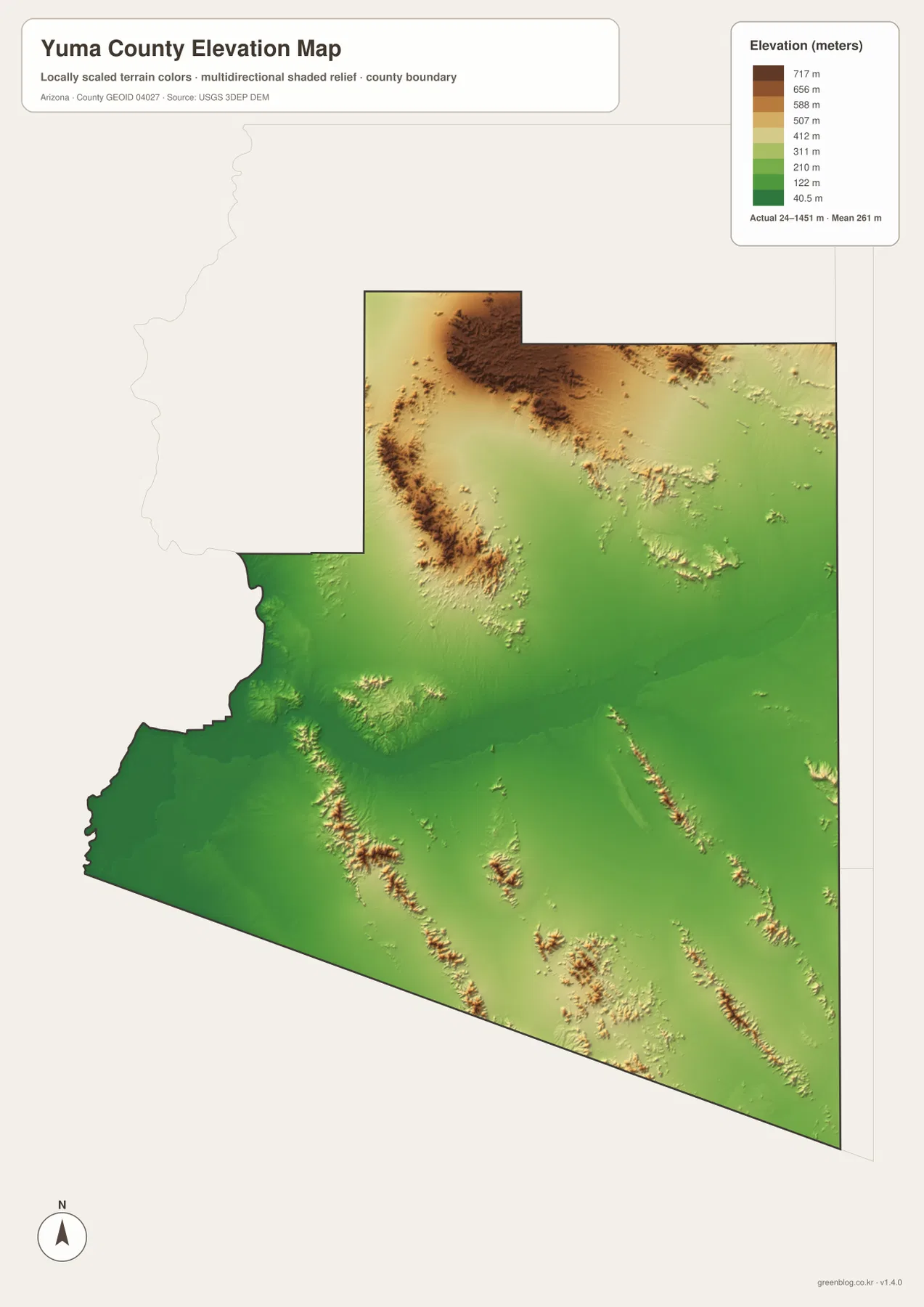 Yuma County elevation map showing the 24 to 1451 meter range, low southwest, and higher northern mountains