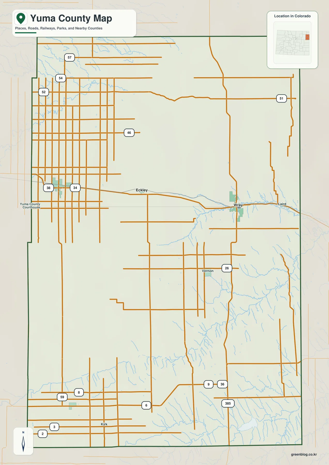 Yuma County Colorado의 Yuma, Eckley, Wray와 US 34, US 385 및 주요 도로와 경계를 보여 주는 지도