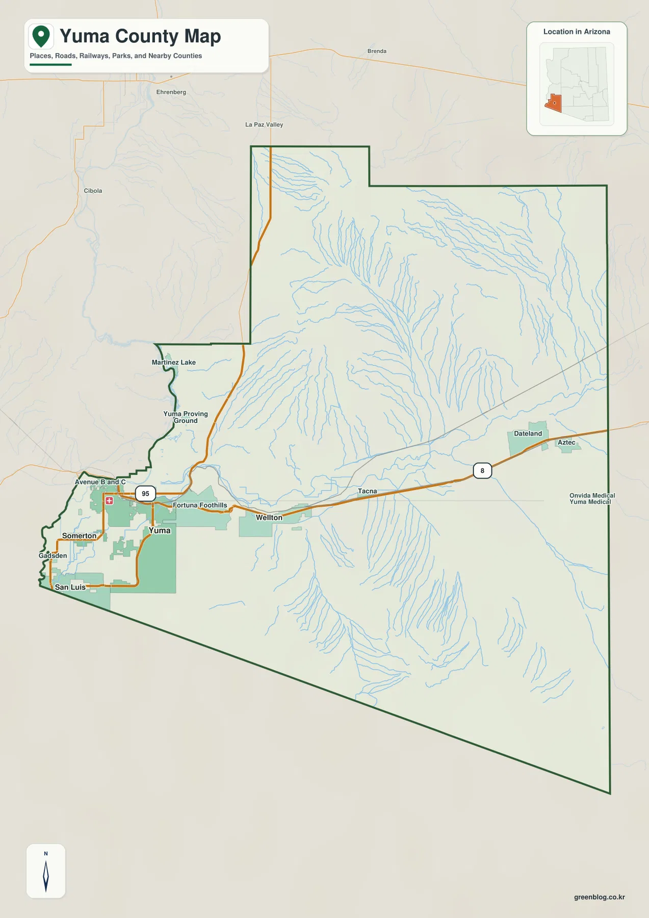 Yuma County Arizona map showing Yuma, San Luis, Somerton, Wellton, Interstate 8, Route 95, and county boundaries