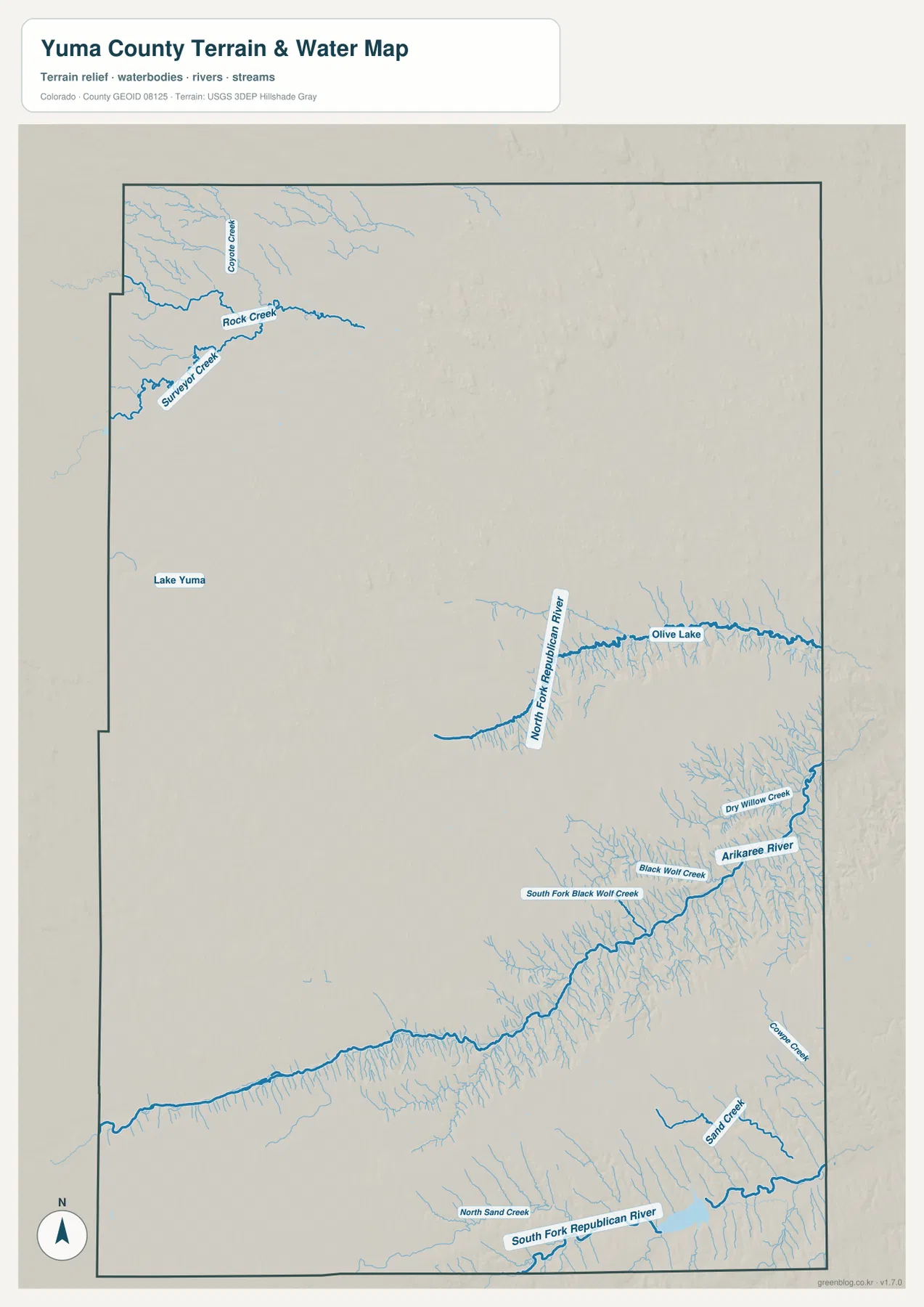Yuma County의 North Fork Republican River, Arikaree River, South Fork Republican River, Rock Creek, Surveyor Creek와 Lake Yuma·Olive Lake를 보여 주는 수역 지도