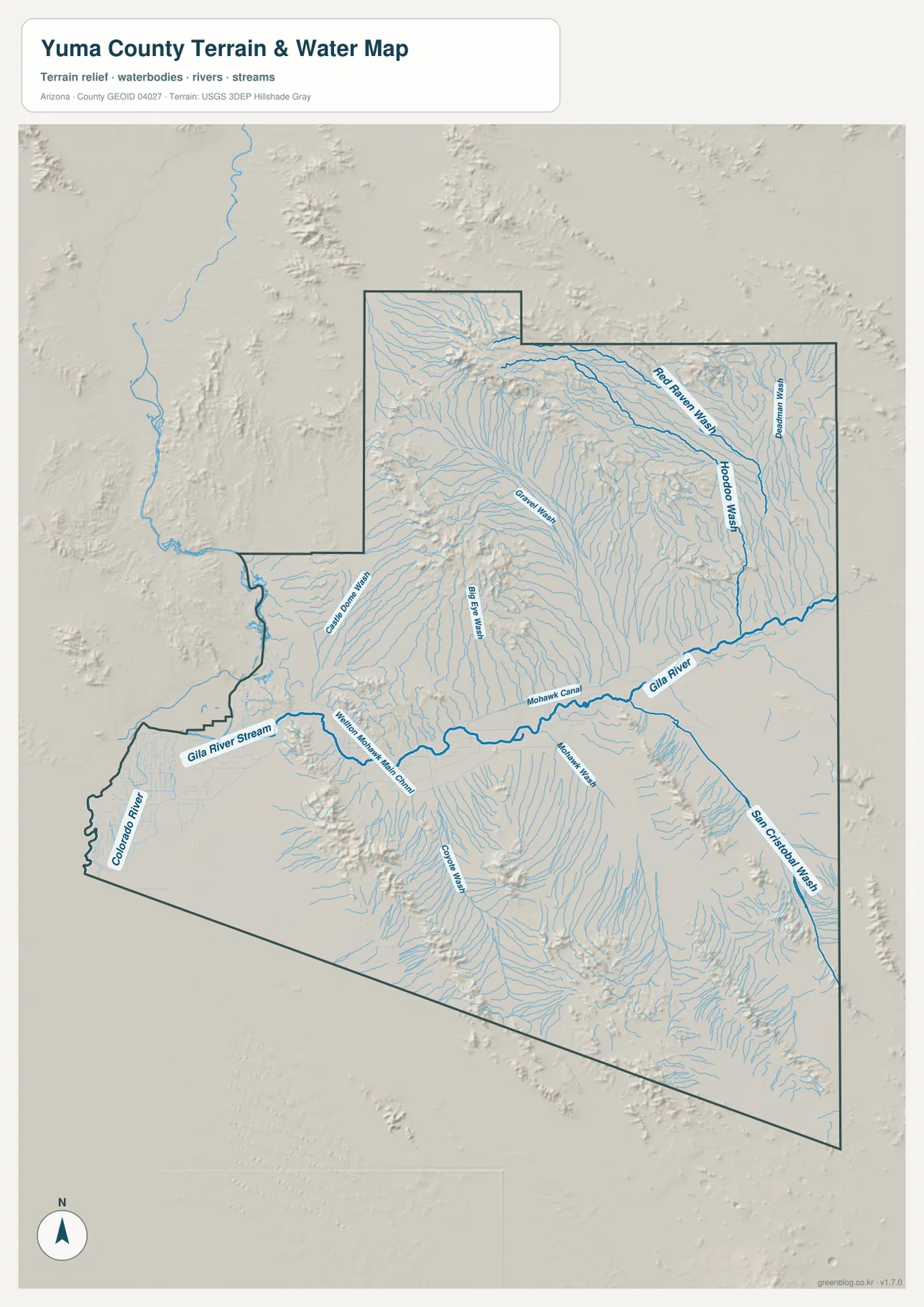 Yuma County water map showing Colorado River, Gila River, Red Raven Wash, Hoodoo Wash, and canals
