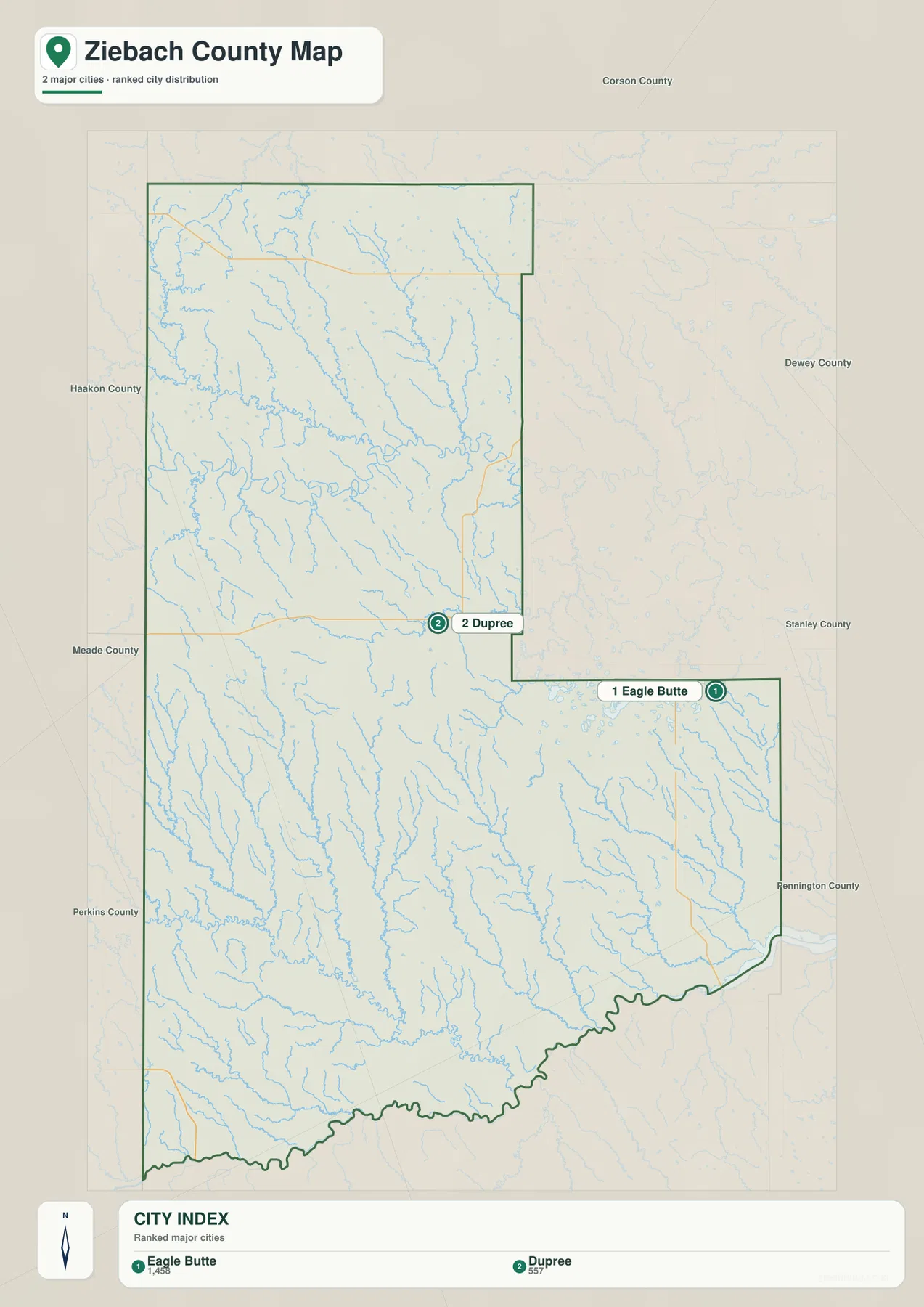 Ziebach County city map highlighting Eagle Butte and Dupree with surrounding counties