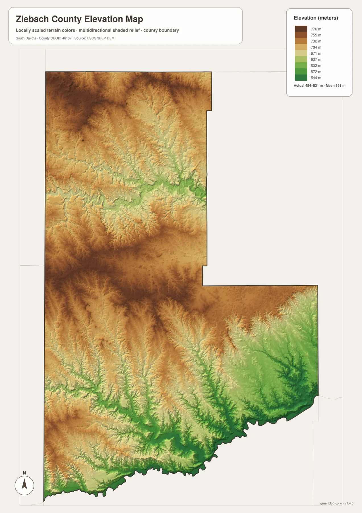 Ziebach County elevation map showing lower Moreau and Cheyenne river valleys and higher northwestern ground