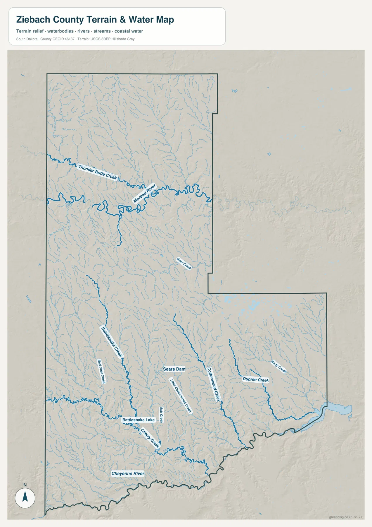 Ziebach County water map showing Moreau River, Cheyenne River, Thunder Butte Creek, Rattlesnake Creek, and tributaries